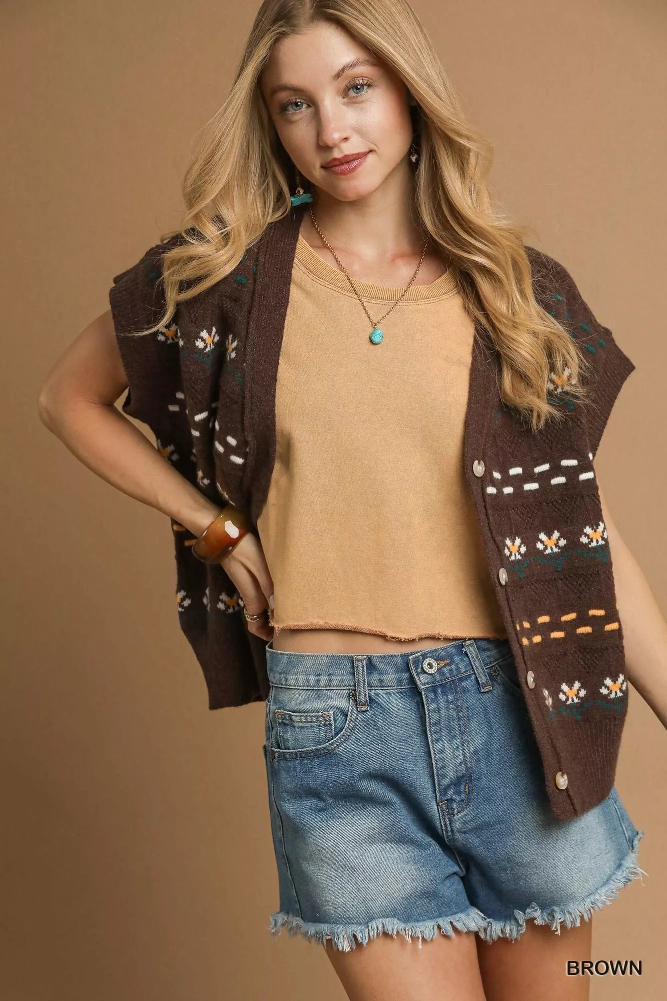 Umgee Button - Down Knit Vest with Floral Pattern - Bitsy Gypsy Boutique