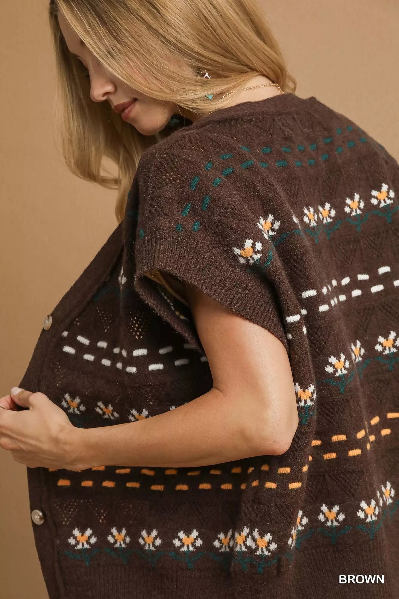 Umgee Button - Down Knit Vest with Floral Pattern - Bitsy Gypsy Boutique