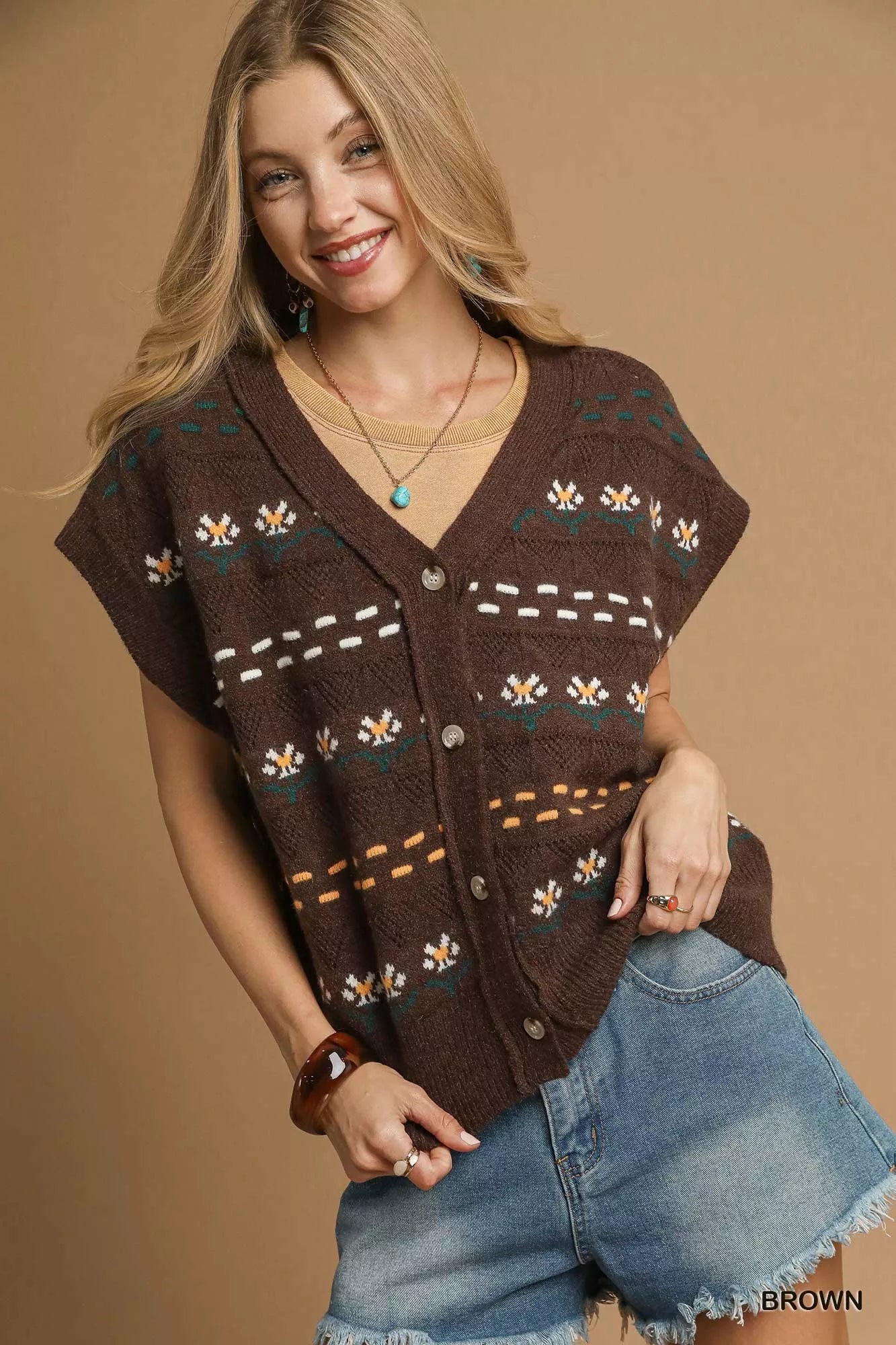 Umgee Button - Down Knit Vest with Floral Pattern - Bitsy Gypsy Boutique