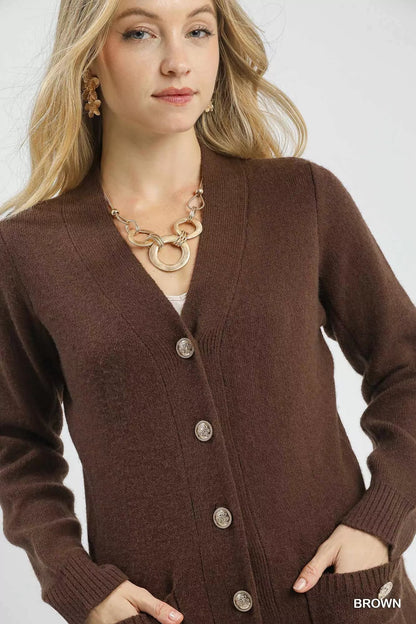 Umgee Button - Down Longline Sweater Cardigan with Front Pockets - Bitsy Gypsy Boutique