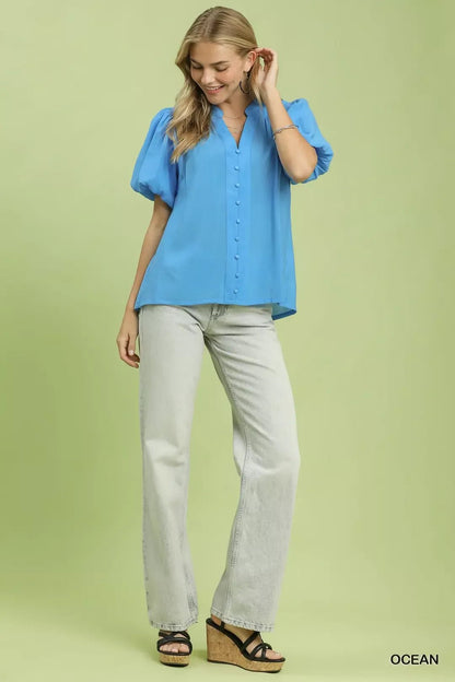 Umgee Button - Down Puff Sleeve Shirt - Bitsy Gypsy Boutique