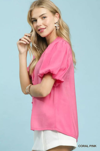 Umgee Button - Down Puff Sleeve Shirt - Bitsy Gypsy Boutique
