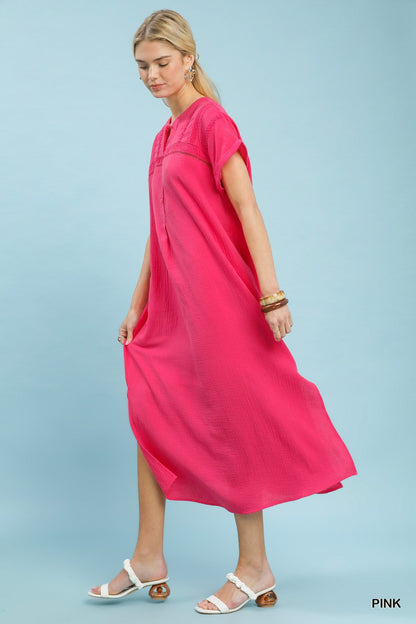 Umgee Button - Front Gauze Midi Dress with Lace Detail - Bitsy Gypsy Boutique
