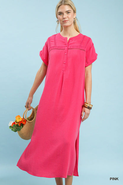 Umgee Button - Front Gauze Midi Dress with Lace Detail - Bitsy Gypsy Boutique