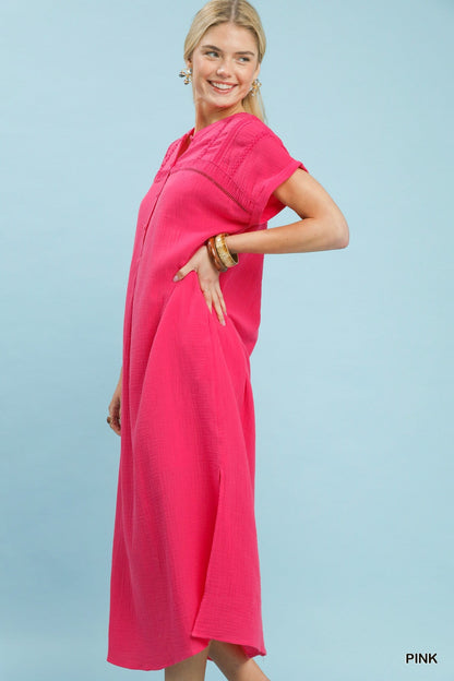 Umgee Button - Front Gauze Midi Dress with Lace Detail - Bitsy Gypsy Boutique