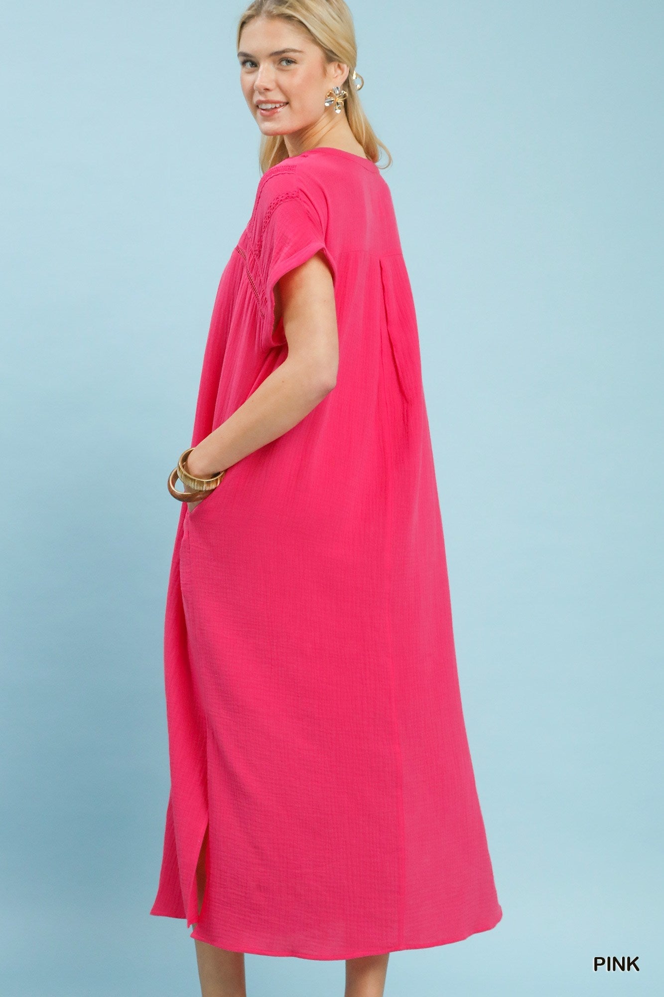 Umgee Button - Front Gauze Midi Dress with Lace Detail - Bitsy Gypsy Boutique
