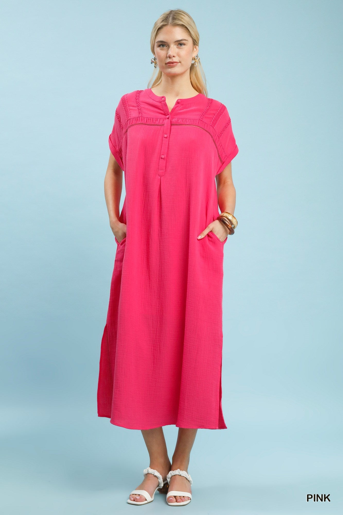 Umgee Button - Front Gauze Midi Dress with Lace Detail - Bitsy Gypsy Boutique