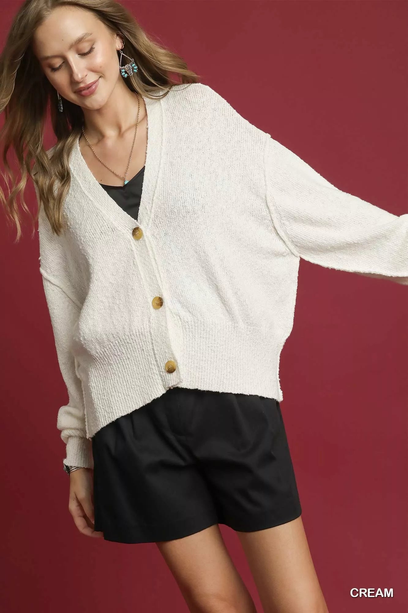 Umgee Button - Front V - Neck Knit Cardigan - Bitsy Gypsy Boutique