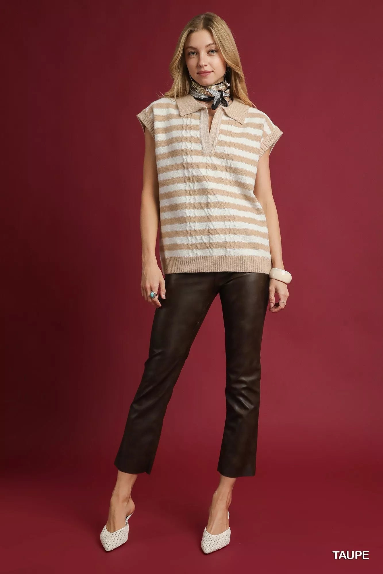 Umgee Cable Knit Collared Striped Vest Sweater - Bitsy Gypsy Boutique