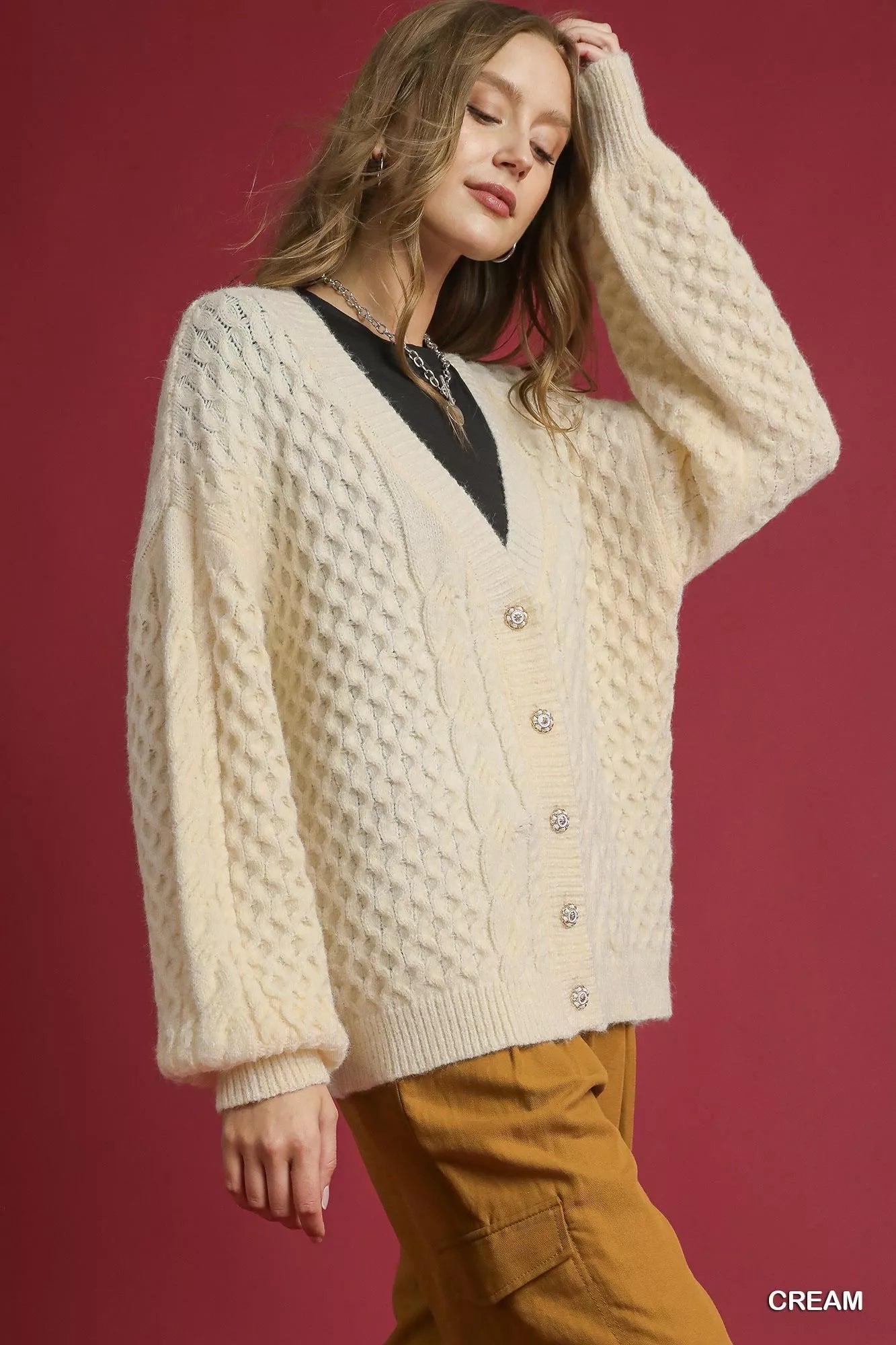 Umgee Cable Knit Pearl Button Cardigan - Bitsy Gypsy Boutique