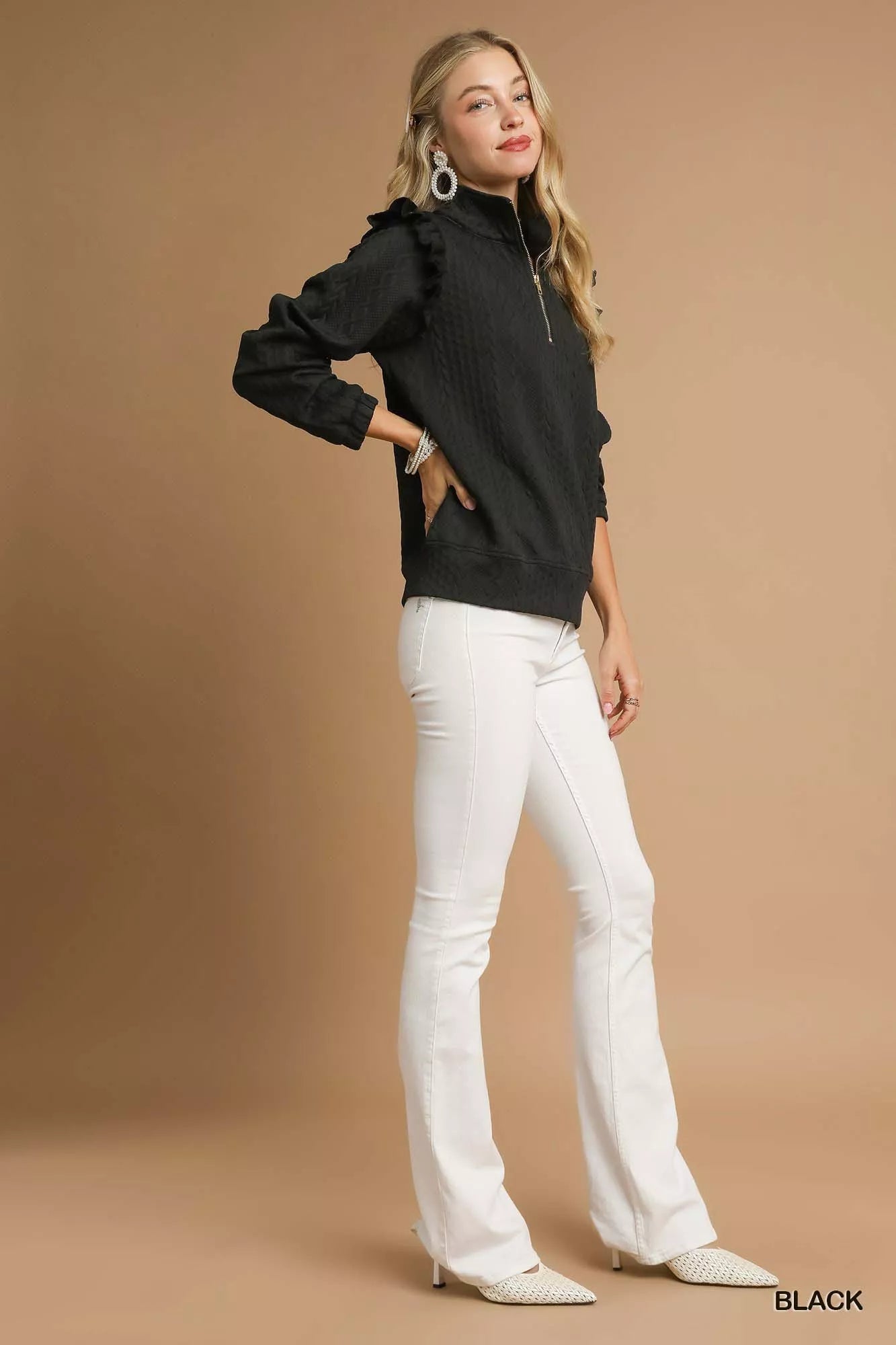 Umgee Cable Knit Textured Pullover with Ruffle Shoulders - Bitsy Gypsy Boutique