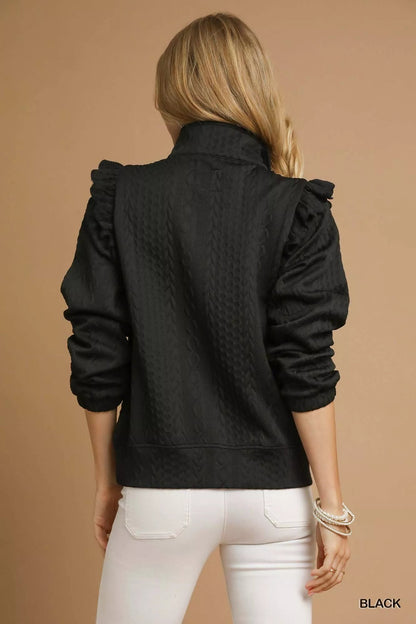 Umgee Cable Knit Textured Pullover with Ruffle Shoulders - Bitsy Gypsy Boutique