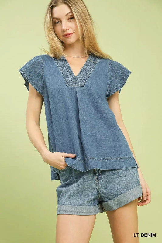 Umgee Cap Sleeve Denim Top - Bitsy Gypsy Boutique