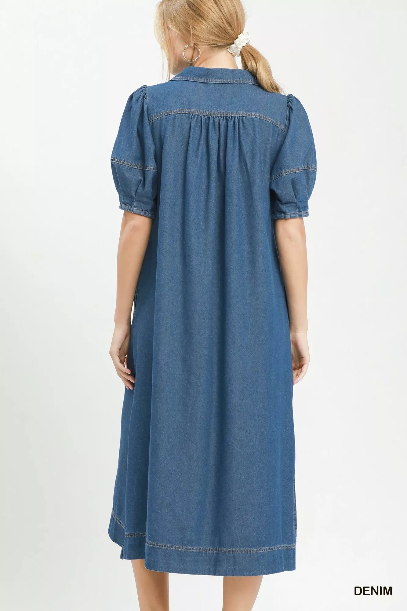 Umgee Chambray Collared Puff Sleeve Dress - Bitsy Gypsy Boutique