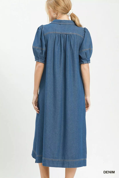 Umgee Chambray Collared Puff Sleeve Dress - Bitsy Gypsy Boutique