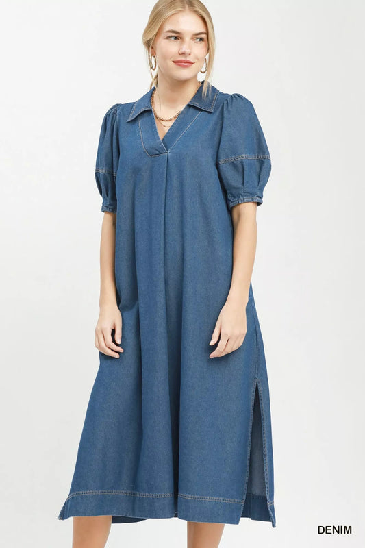 Umgee Chambray Collared Puff Sleeve Dress - Bitsy Gypsy Boutique