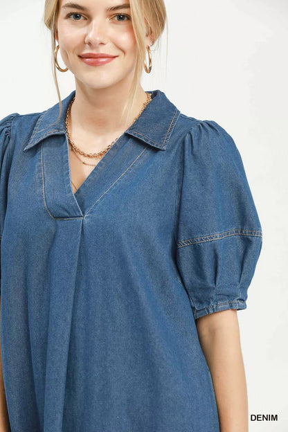 Umgee Chambray Collared Puff Sleeve Dress - Bitsy Gypsy Boutique