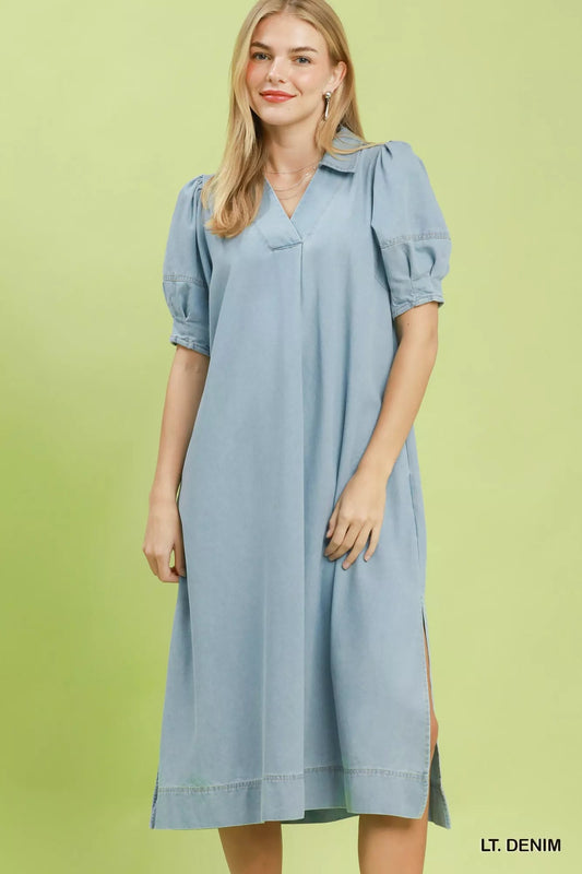 Umgee Chambray Collared Puff Sleeve Dress - Bitsy Gypsy Boutique