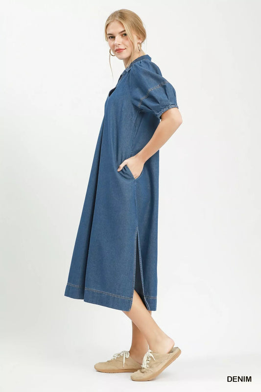Umgee Chambray Collared Puff Sleeve Dress - Bitsy Gypsy Boutique