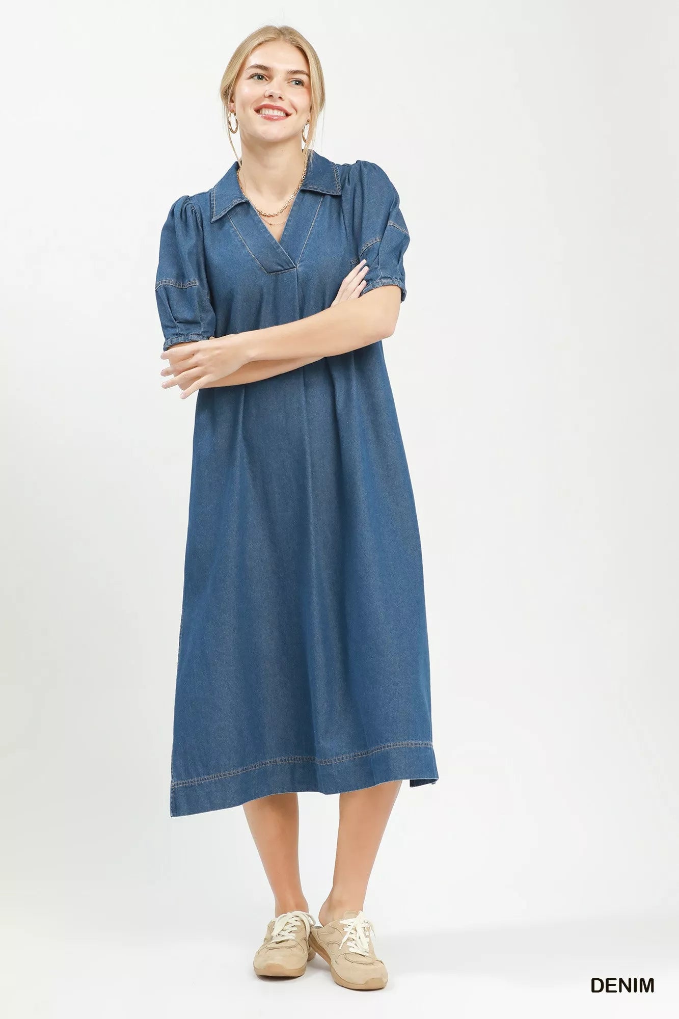 Umgee Chambray Collared Puff Sleeve Dress - Bitsy Gypsy Boutique