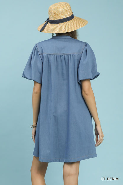 Umgee Chambray Puff Sleeve Dress - Bitsy Gypsy Boutique