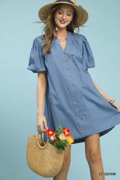 Umgee Chambray Puff Sleeve Dress - Bitsy Gypsy Boutique