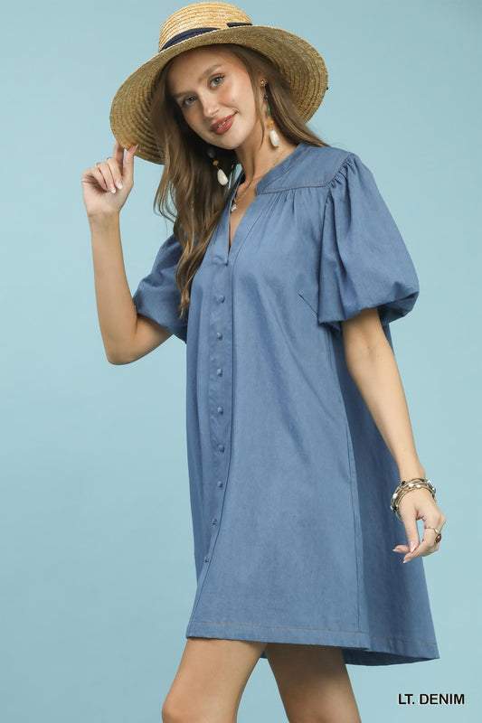 Umgee Chambray Puff Sleeve Dress - Bitsy Gypsy Boutique