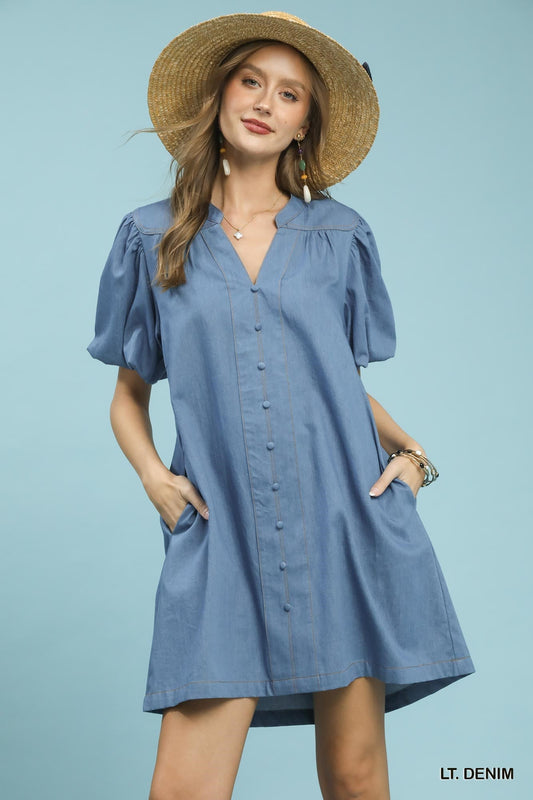 Umgee Chambray Puff Sleeve Dress - Bitsy Gypsy Boutique