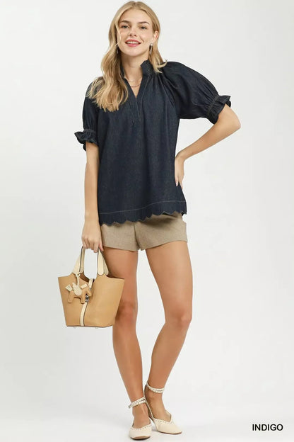 Umgee Chambray Puff Sleeve Scallop Hem Blouse - Bitsy Gypsy Boutique