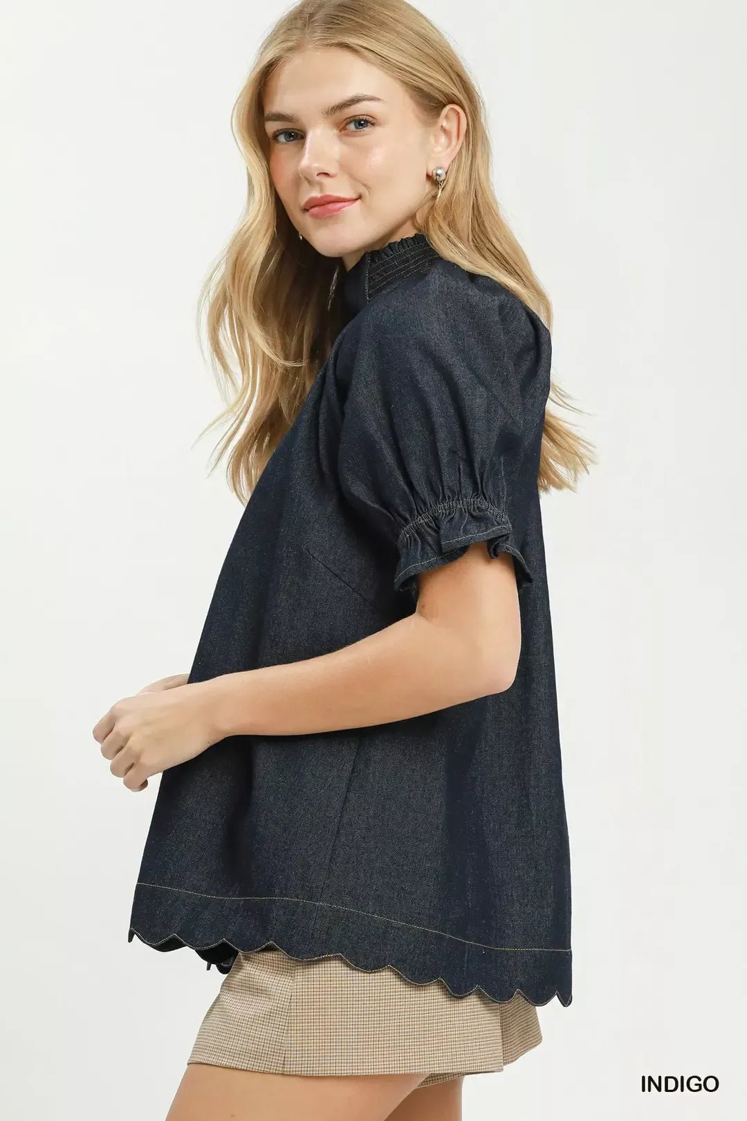 Umgee Chambray Puff Sleeve Scallop Hem Blouse - Bitsy Gypsy Boutique