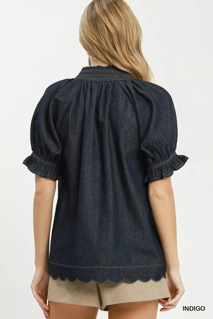 Umgee Chambray Puff Sleeve Scallop Hem Blouse - Bitsy Gypsy Boutique