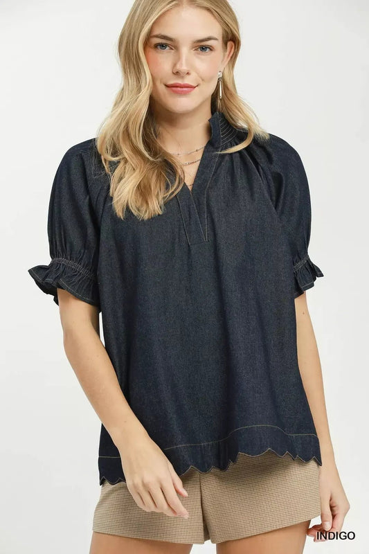 Umgee Chambray Puff Sleeve Scallop Hem Blouse - Bitsy Gypsy Boutique