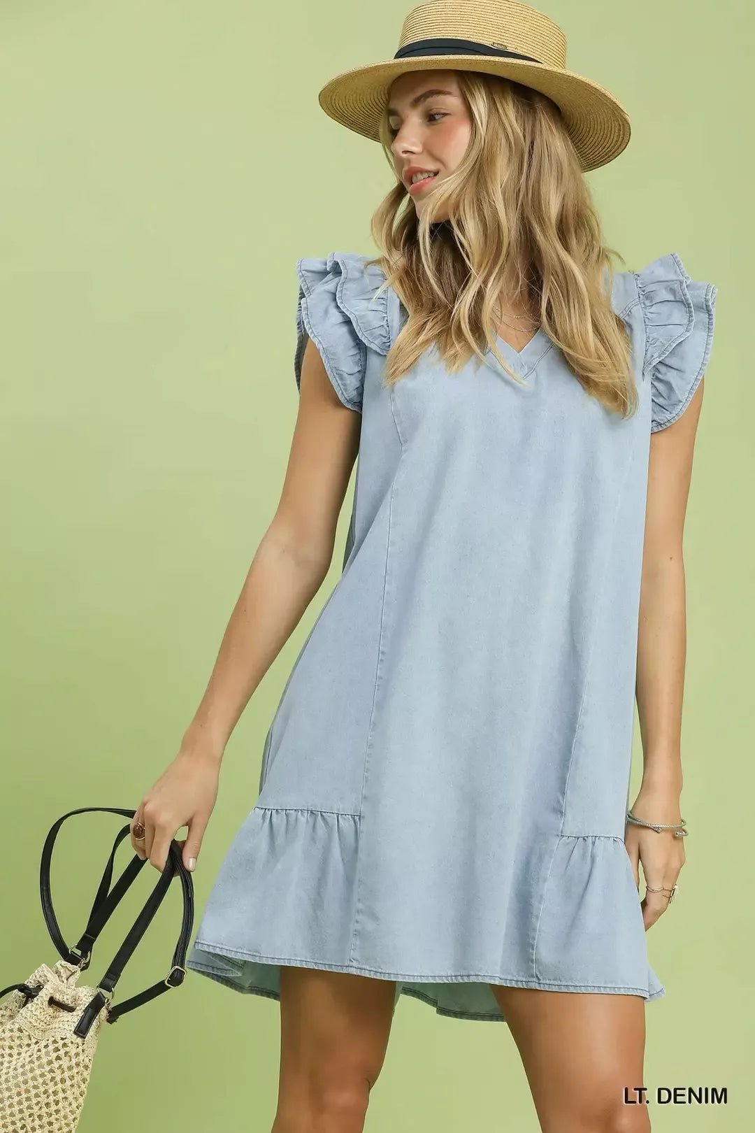 Umgee Chambray Ruffled Denim Dress with Side Pockets - Bitsy Gypsy Boutique