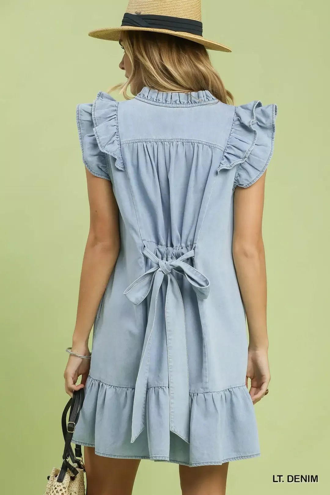 Umgee Chambray Ruffled Denim Dress with Side Pockets - Bitsy Gypsy Boutique