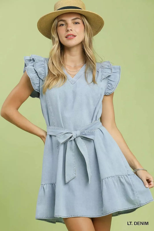 Umgee Chambray Ruffled Denim Dress with Side Pockets - Bitsy Gypsy Boutique