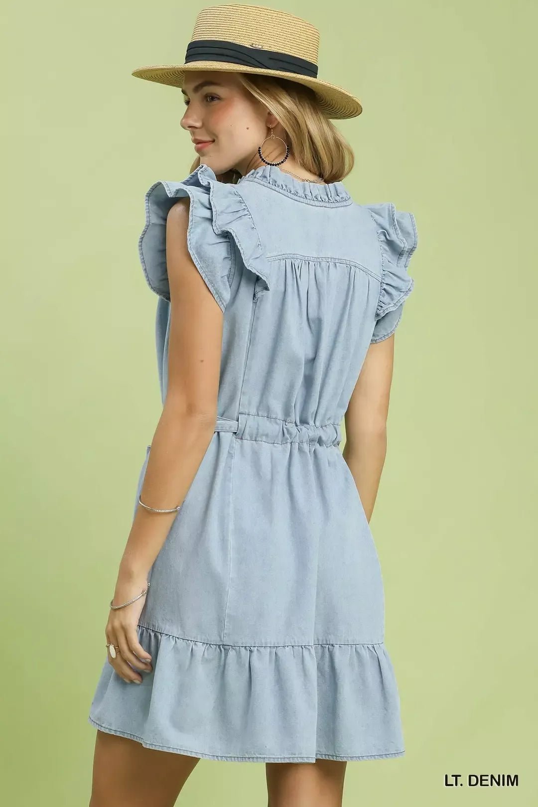 Umgee Chambray Ruffled Denim Dress with Side Pockets - Bitsy Gypsy Boutique