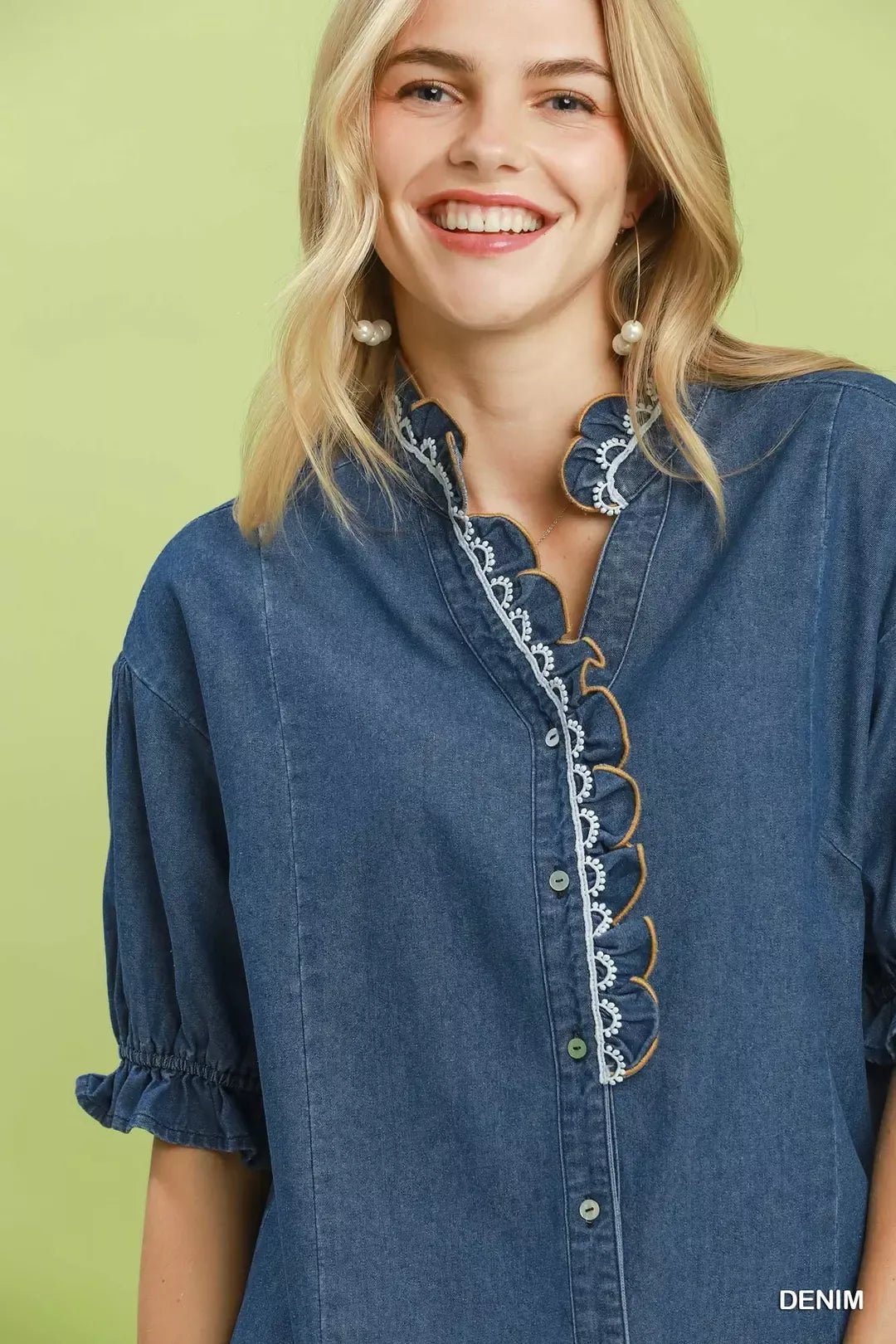 Umgee Chambray Scalloped Trim Button Front Blouse - Bitsy Gypsy Boutique