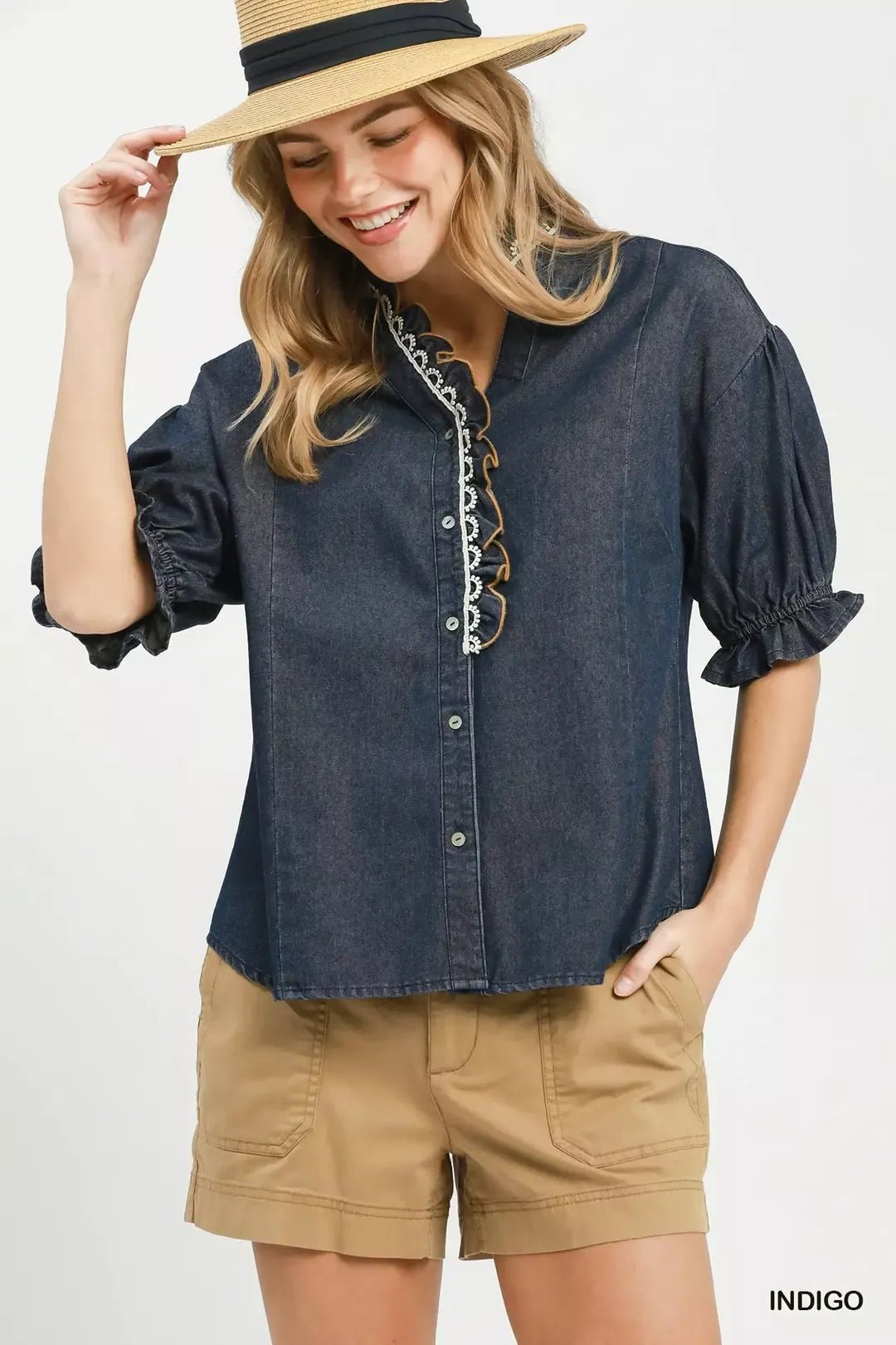 Umgee Chambray Scalloped Trim Button Front Blouse - Bitsy Gypsy Boutique