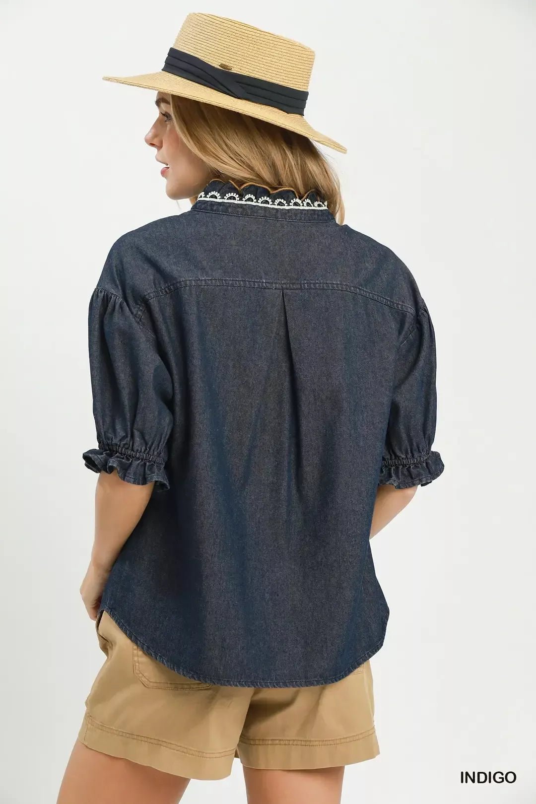 Umgee Chambray Scalloped Trim Button Front Blouse - Bitsy Gypsy Boutique
