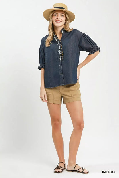 Umgee Chambray Scalloped Trim Button Front Blouse - Bitsy Gypsy Boutique