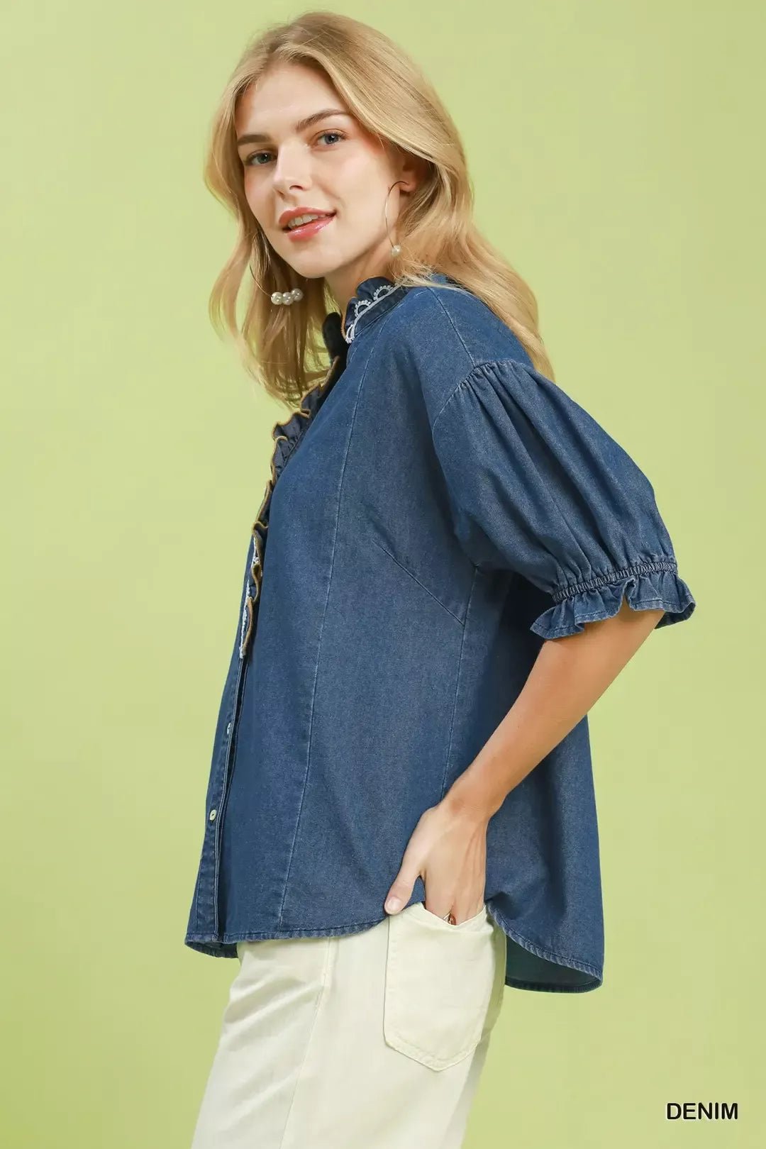 Umgee Chambray Scalloped Trim Button Front Blouse - Bitsy Gypsy Boutique