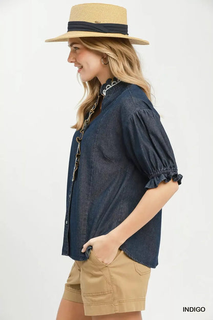 Umgee Chambray Scalloped Trim Button Front Blouse - Bitsy Gypsy Boutique