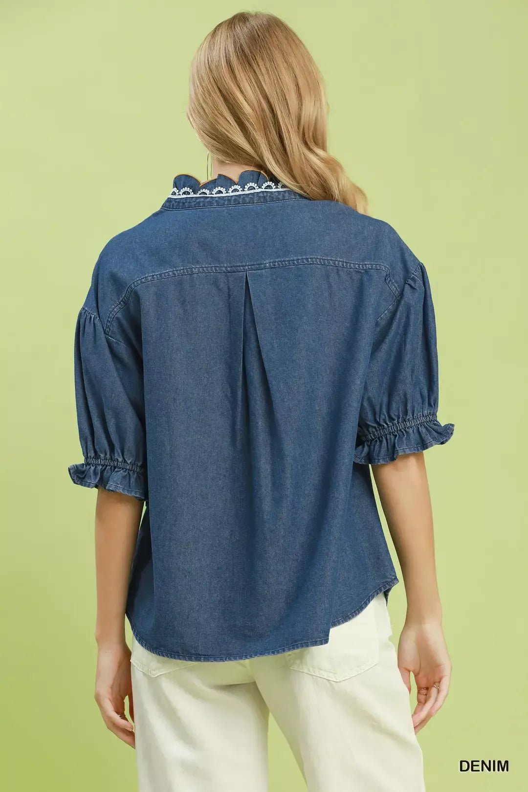 Umgee Chambray Scalloped Trim Button Front Blouse - Bitsy Gypsy Boutique