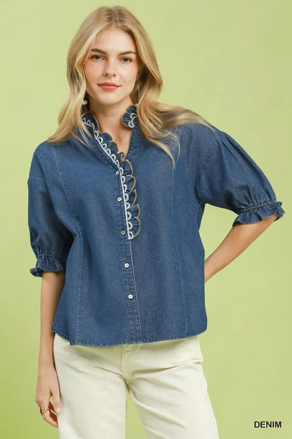 Umgee Chambray Scalloped Trim Button Front Blouse - Bitsy Gypsy Boutique