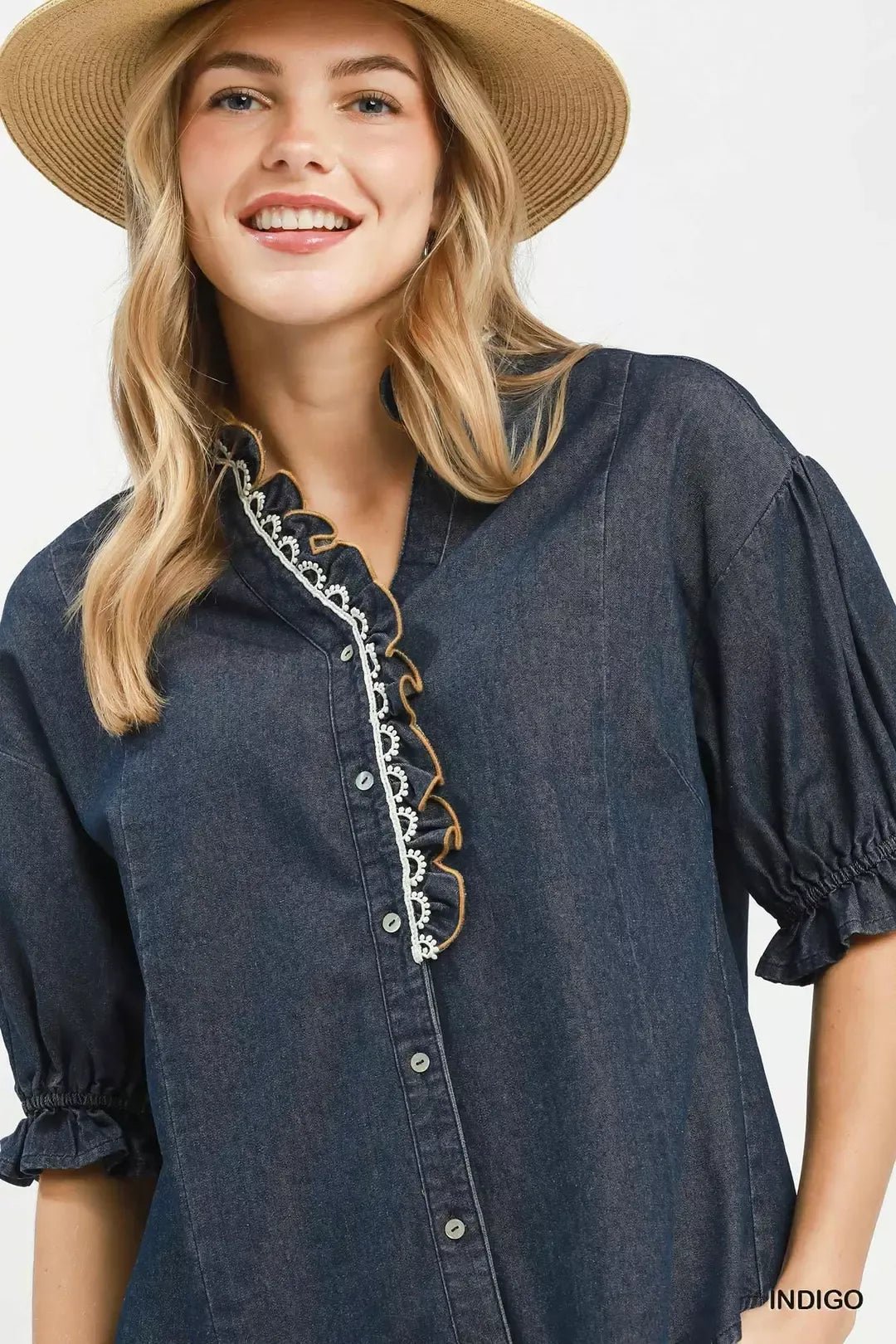 Umgee Chambray Scalloped Trim Button Front Blouse - Bitsy Gypsy Boutique
