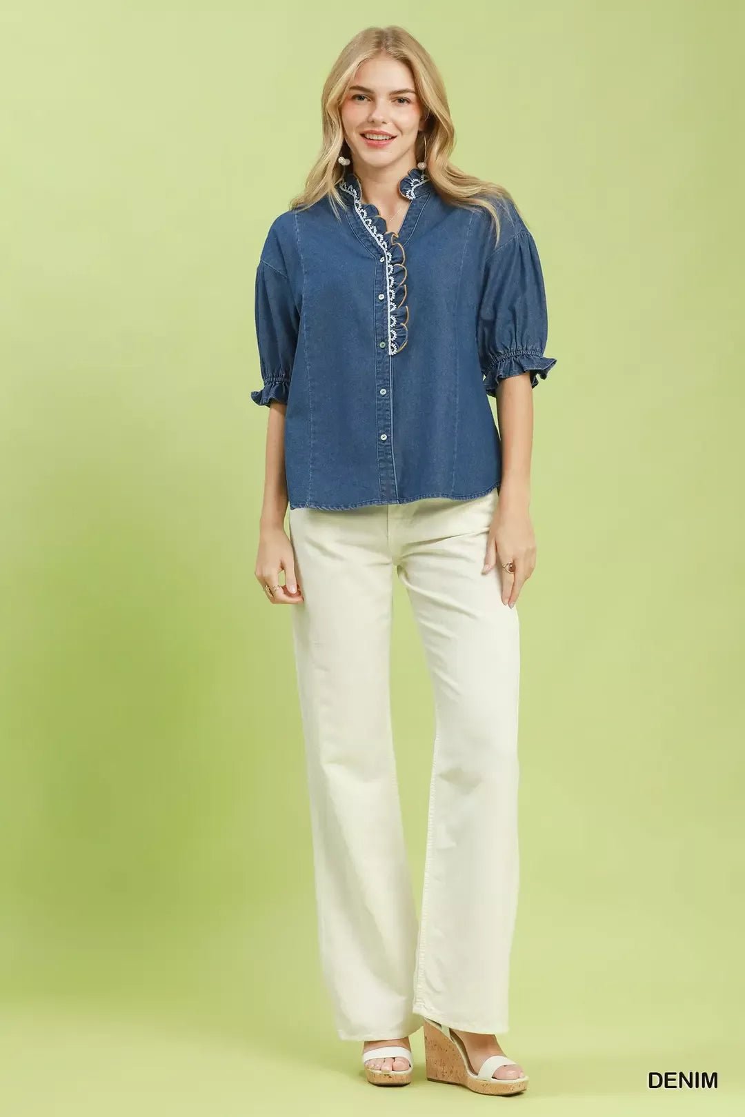 Umgee Chambray Scalloped Trim Button Front Blouse - Bitsy Gypsy Boutique
