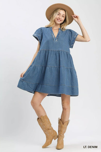 Umgee Chambray Tiered Babydoll Dress - Bitsy Gypsy Boutique