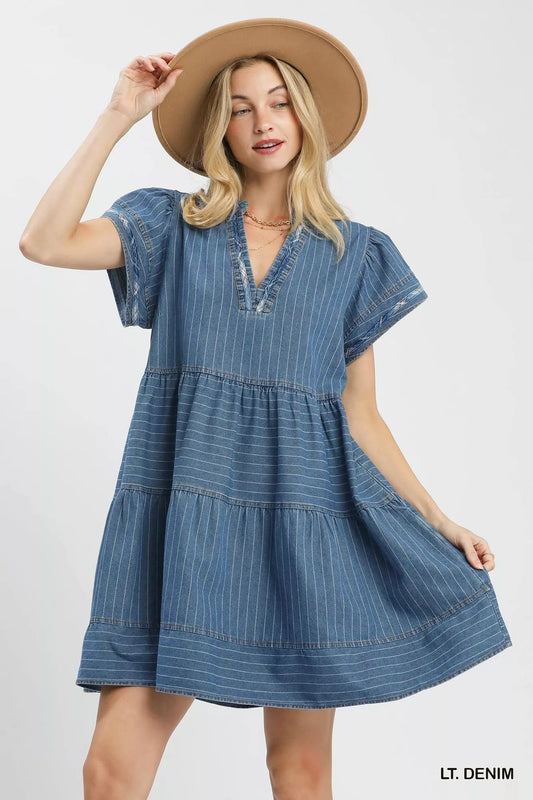 Umgee Chambray Tiered Babydoll Dress - Bitsy Gypsy Boutique