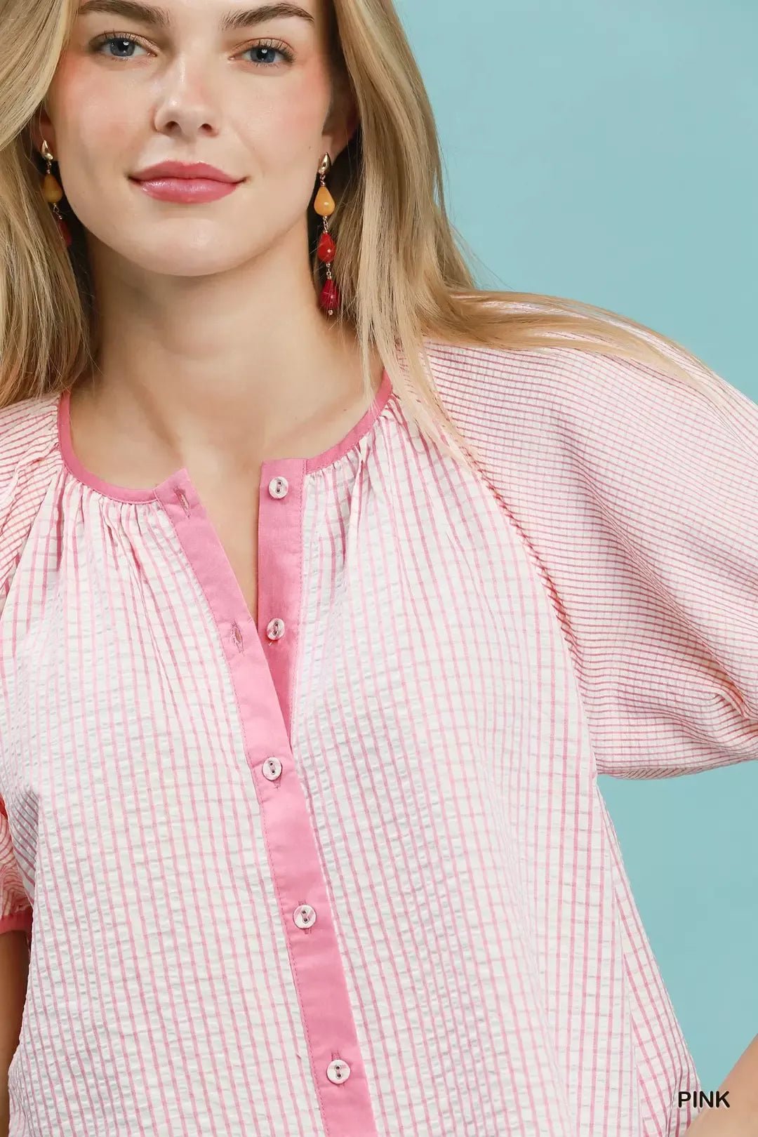Umgee Checker Puff Sleeve Button Front Blouse - Bitsy Gypsy Boutique
