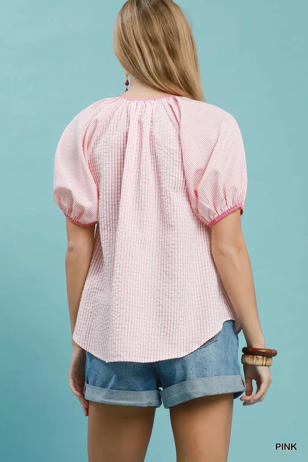 Umgee Checker Puff Sleeve Button Front Blouse - Bitsy Gypsy Boutique